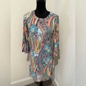 Tommy Hilfiger Women's Round Neck Printed Bell Sleeve Dress-Hot Pink Multi Sz 4